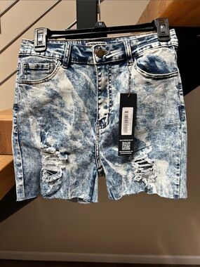 Rock star Men's Acid-Wash Distressed Jean Shorts - Blue/White